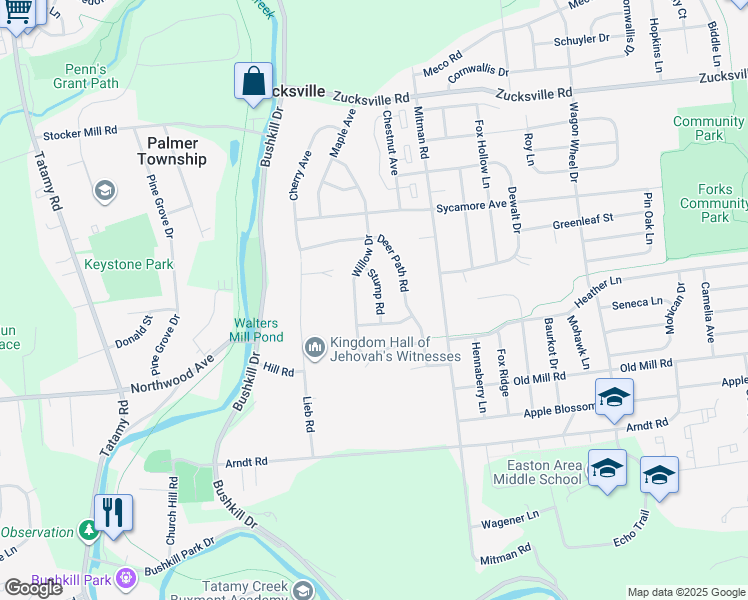 map of restaurants, bars, coffee shops, grocery stores, and more near 1375 Owls Nest Road in Easton