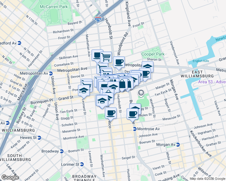 map of restaurants, bars, coffee shops, grocery stores, and more near 770 Grand Street in Brooklyn