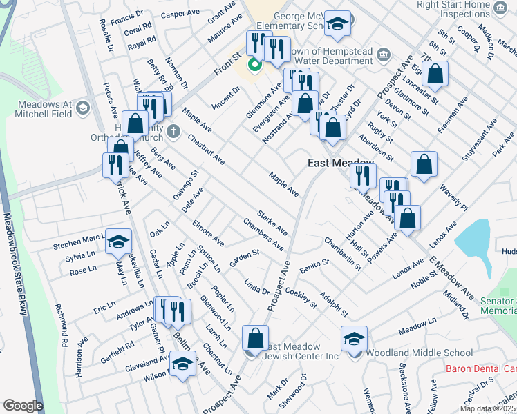 map of restaurants, bars, coffee shops, grocery stores, and more near 354 Starke Avenue in East Meadow