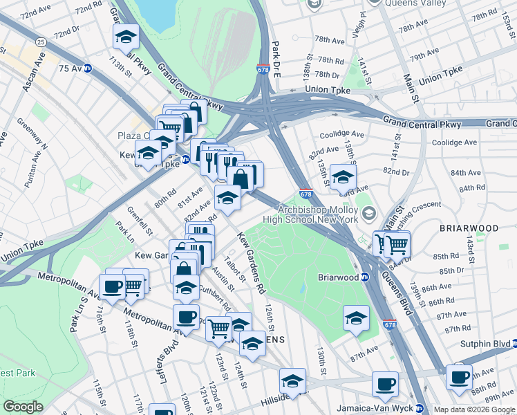 map of restaurants, bars, coffee shops, grocery stores, and more near 123-40 83rd Avenue in Queens