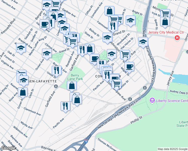 map of restaurants, bars, coffee shops, grocery stores, and more near 186 Van Horne Street in Jersey City