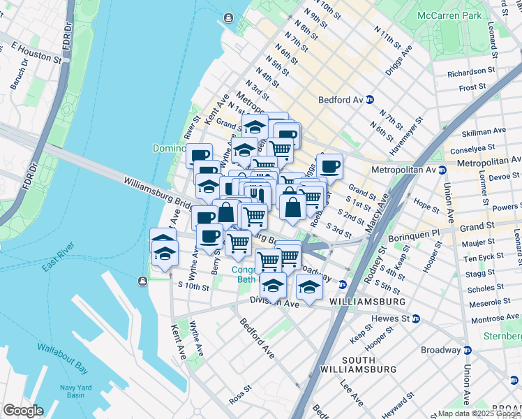 map of restaurants, bars, coffee shops, grocery stores, and more near Bedford Avenue & South 4th Street in Brooklyn