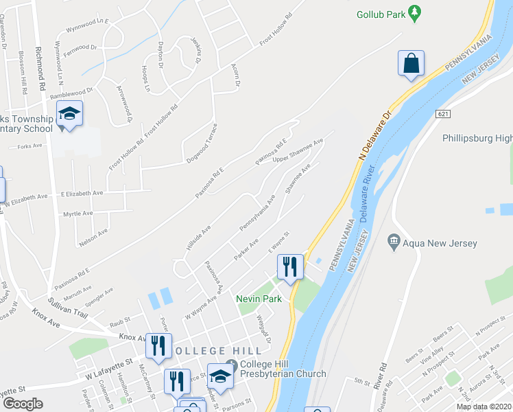 map of restaurants, bars, coffee shops, grocery stores, and more near 146 Pennsylvania Avenue in Easton
