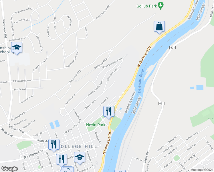 map of restaurants, bars, coffee shops, grocery stores, and more near 157 Shawnee Avenue in Easton