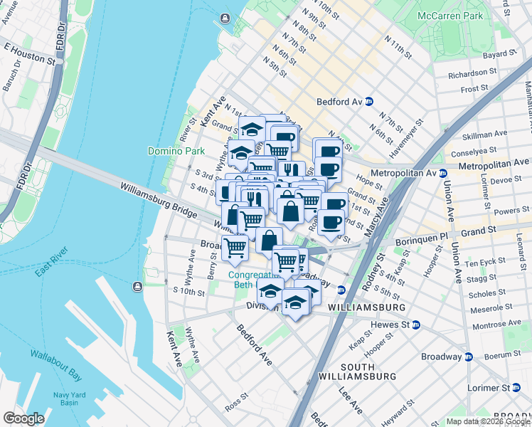 map of restaurants, bars, coffee shops, grocery stores, and more near 152 South 4th Street in Brooklyn