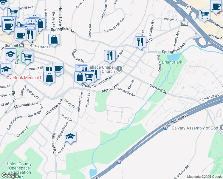 map of restaurants, bars, coffee shops, grocery stores, and more near 86 Morris Avenue in Summit