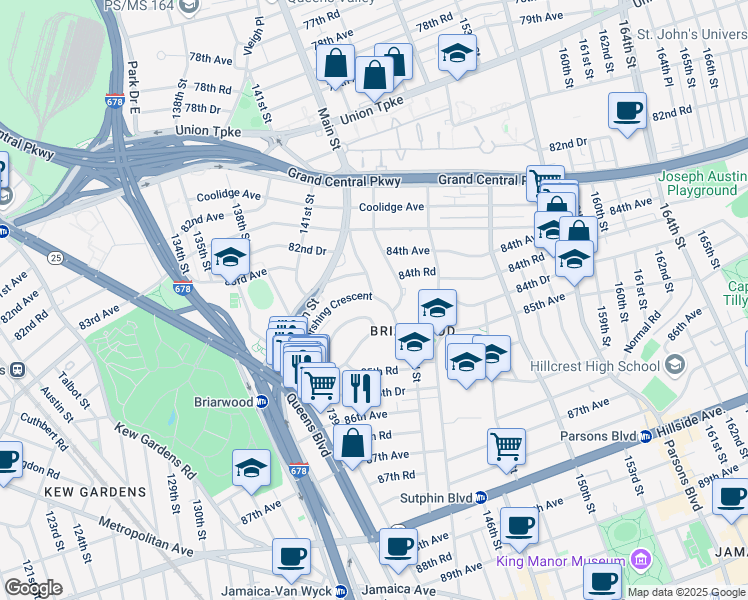 map of restaurants, bars, coffee shops, grocery stores, and more near 140-97 Burden Crescent in Queens