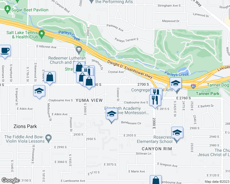 map of restaurants, bars, coffee shops, grocery stores, and more near 2127 Vimont Avenue in Salt Lake City