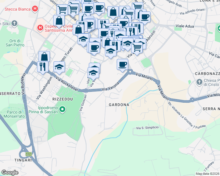 map of restaurants, bars, coffee shops, grocery stores, and more near Via Verona in Sassari