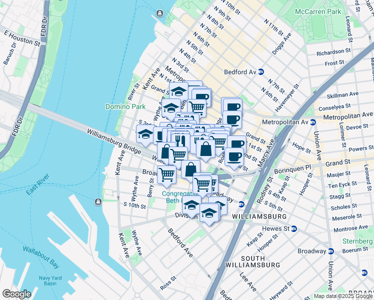map of restaurants, bars, coffee shops, grocery stores, and more near 152 South 4th Street in Brooklyn