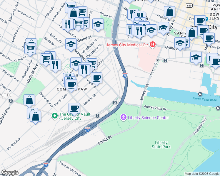 map of restaurants, bars, coffee shops, grocery stores, and more near 295 Johnston Avenue in Jersey City