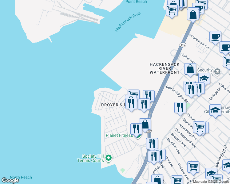 map of restaurants, bars, coffee shops, grocery stores, and more near 1 Alexander Court in Jersey City