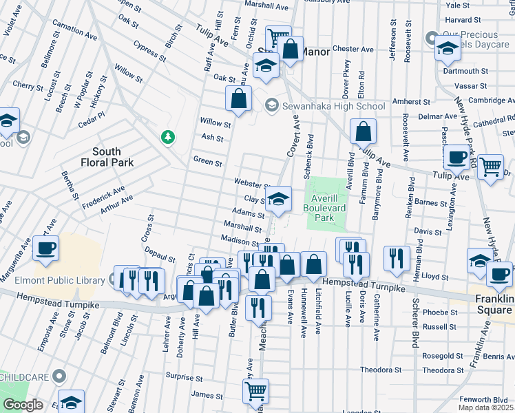 map of restaurants, bars, coffee shops, grocery stores, and more near 1378 Adams Street in Elmont