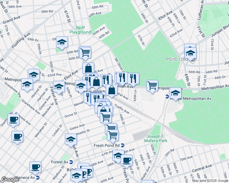 map of restaurants, bars, coffee shops, grocery stores, and more near 64-20 Admiral Avenue in Queens