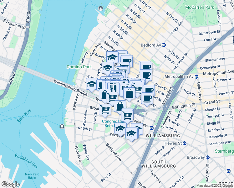 map of restaurants, bars, coffee shops, grocery stores, and more near 152 South 4th Street in Brooklyn
