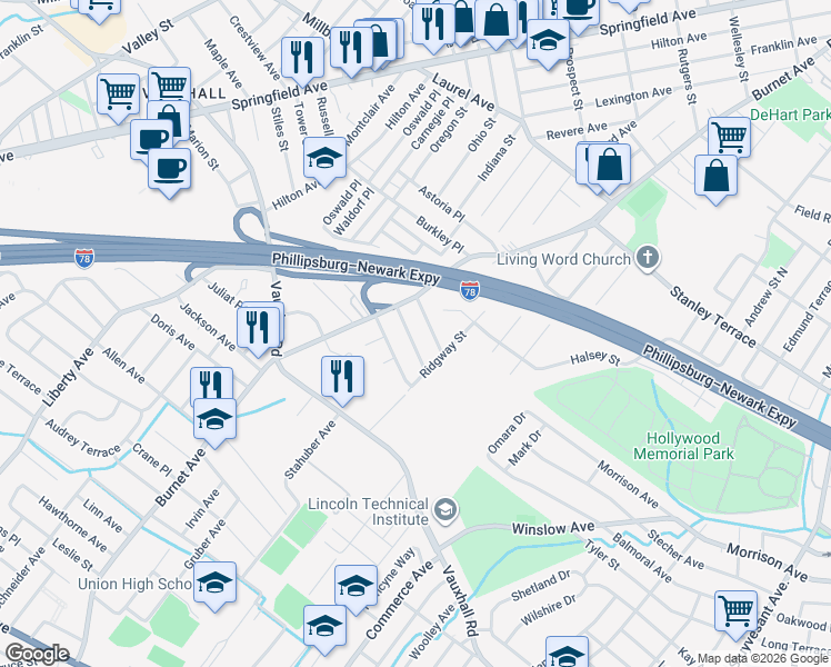 map of restaurants, bars, coffee shops, grocery stores, and more near 2256 Fern Terrace in Union