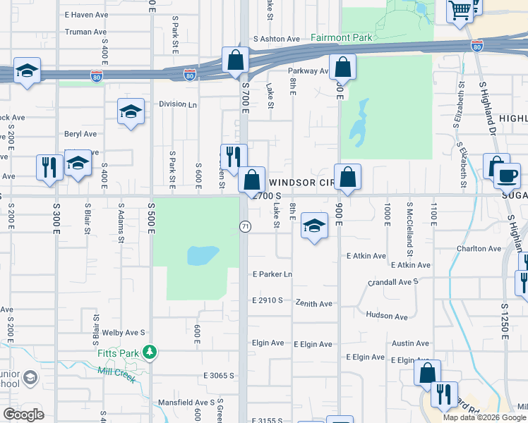 map of restaurants, bars, coffee shops, grocery stores, and more near 2725 South 700 East in Salt Lake City