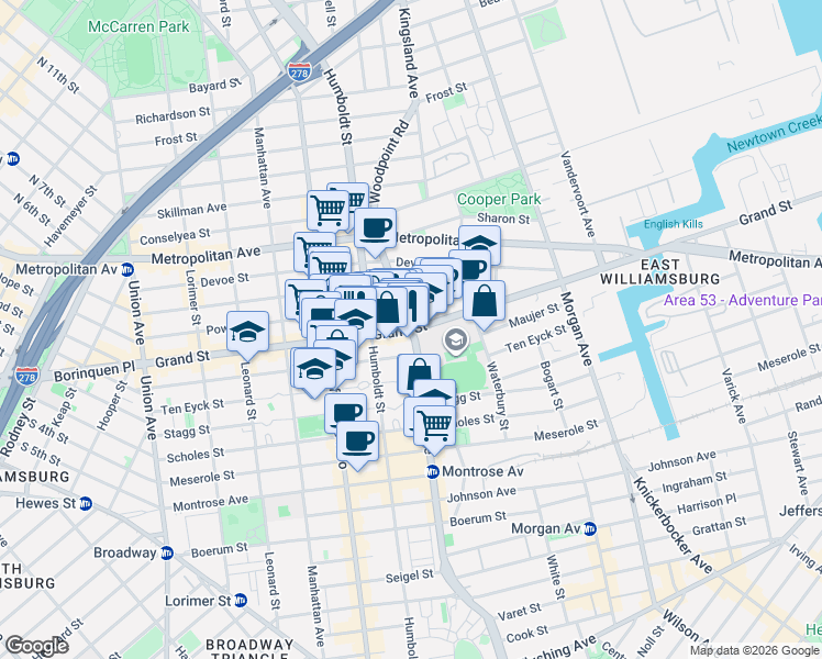 map of restaurants, bars, coffee shops, grocery stores, and more near Bushwick Avenue & Grand Street in Brooklyn