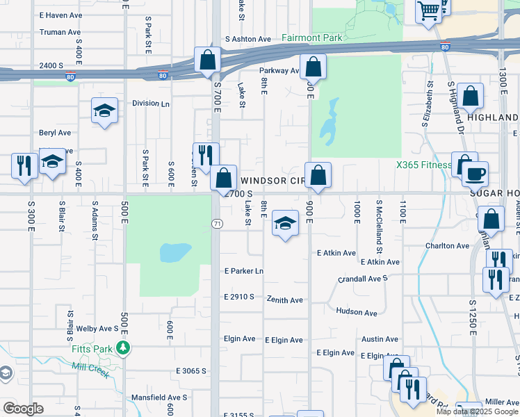 map of restaurants, bars, coffee shops, grocery stores, and more near 2728 South 800 East in Salt Lake City