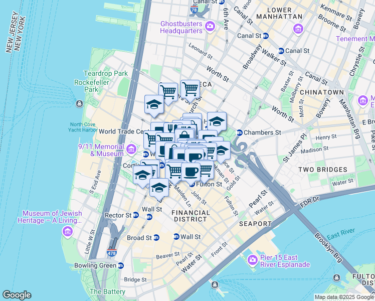 map of restaurants, bars, coffee shops, grocery stores, and more near 215 Broadway in New York