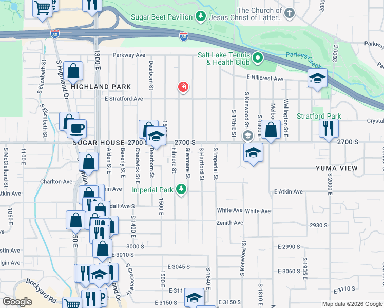map of restaurants, bars, coffee shops, grocery stores, and more near 2731 Glenmare Street in Salt Lake City
