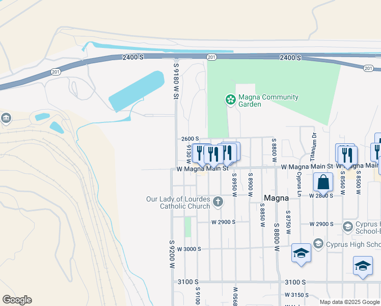map of restaurants, bars, coffee shops, grocery stores, and more near 2645 9130 West in Magna