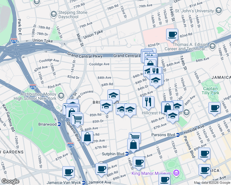 map of restaurants, bars, coffee shops, grocery stores, and more near 147-22 84th Drive in Queens