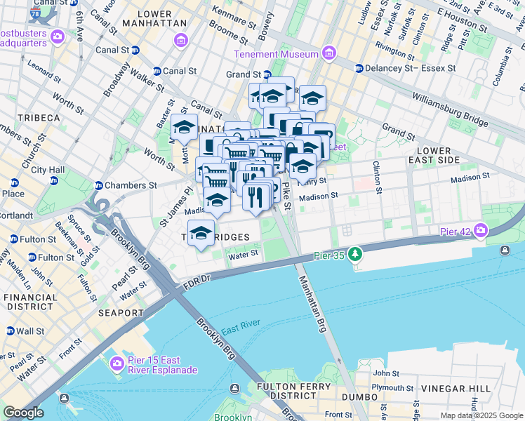 map of restaurants, bars, coffee shops, grocery stores, and more near 55 Monroe Street in New York