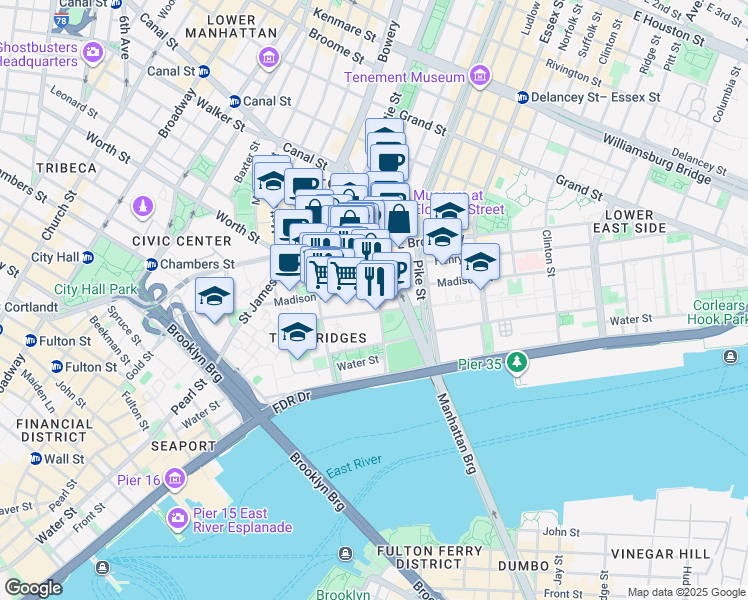 map of restaurants, bars, coffee shops, grocery stores, and more near 34 Monroe Street in New York