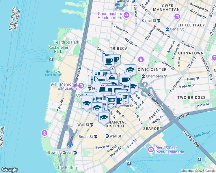 map of restaurants, bars, coffee shops, grocery stores, and more near in New York