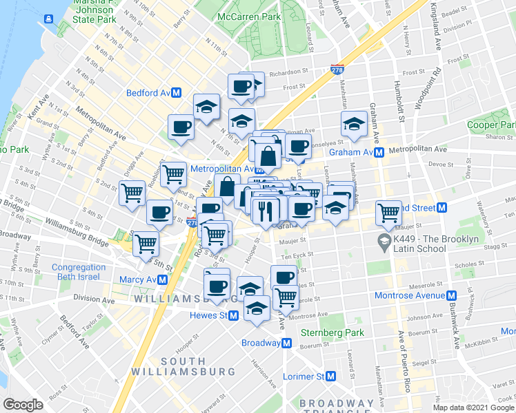 map of restaurants, bars, coffee shops, grocery stores, and more near 155 Hope Street in Brooklyn