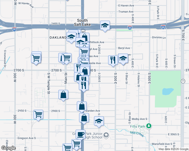map of restaurants, bars, coffee shops, grocery stores, and more near 163 Southgate Avenue in South Salt Lake