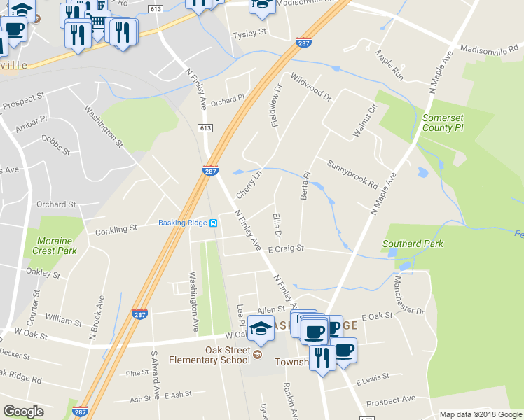 map of restaurants, bars, coffee shops, grocery stores, and more near 31 Monroe Place in Bernards