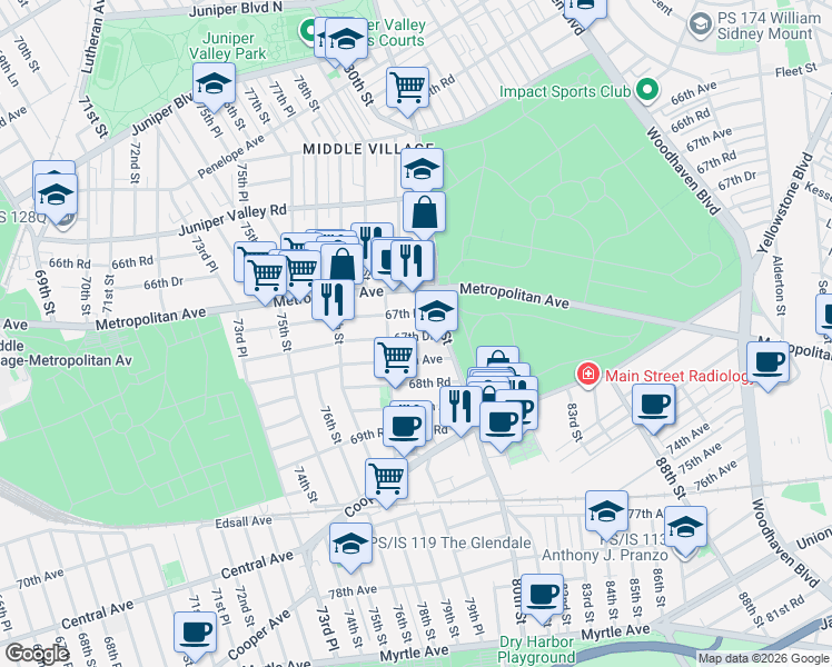 map of restaurants, bars, coffee shops, grocery stores, and more near 79-25 67th Drive in Queens