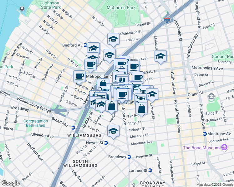 map of restaurants, bars, coffee shops, grocery stores, and more near 155 Hope Street in Brooklyn
