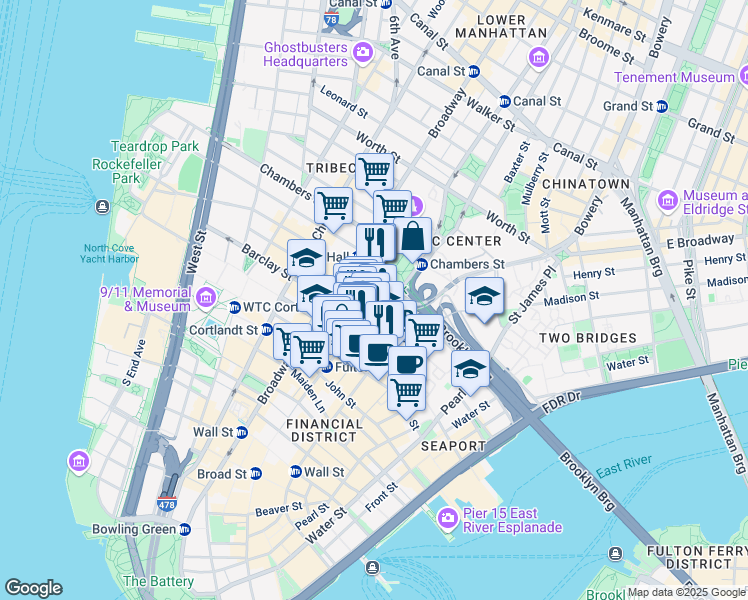 map of restaurants, bars, coffee shops, grocery stores, and more near Park Row & Spruce St in New York