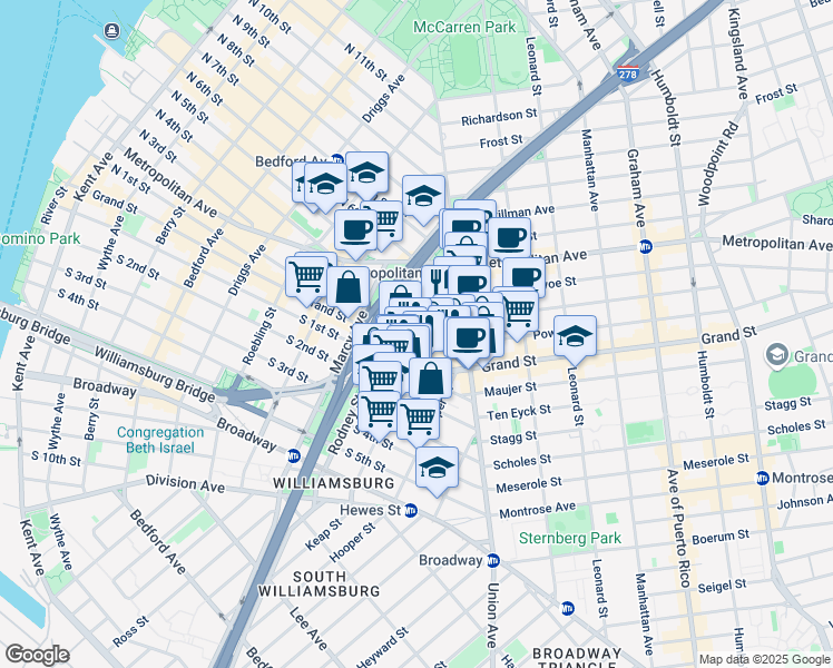 map of restaurants, bars, coffee shops, grocery stores, and more near 416 Keap Street in Brooklyn