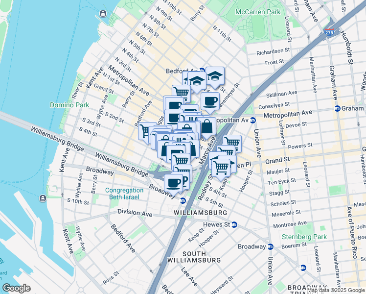 map of restaurants, bars, coffee shops, grocery stores, and more near 153 Havemeyer Street in Brooklyn