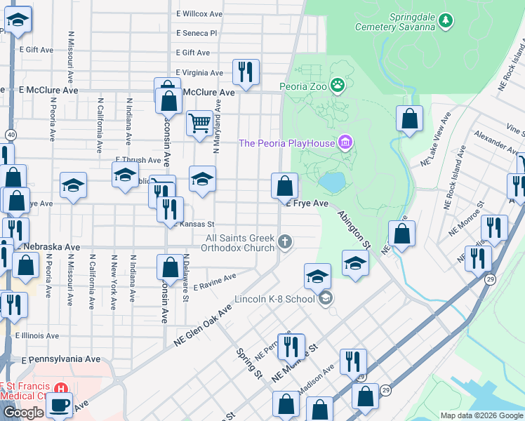 map of restaurants, bars, coffee shops, grocery stores, and more near 2012 North Atlantic Avenue in Peoria