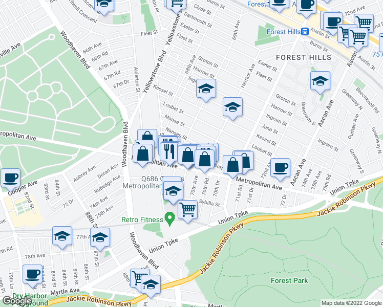 map of restaurants, bars, coffee shops, grocery stores, and more near Olcott Street & 69th Road in Queens