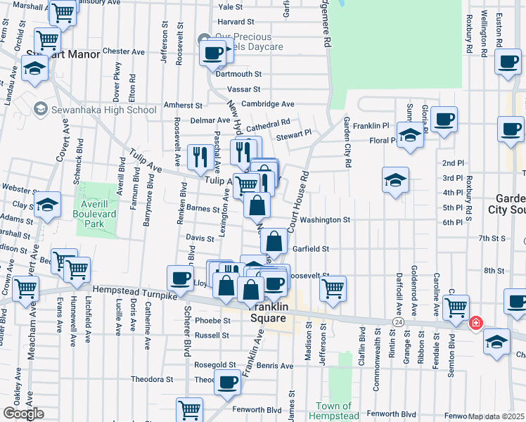 map of restaurants, bars, coffee shops, grocery stores, and more near 149 New Hyde Park Road in Franklin Square