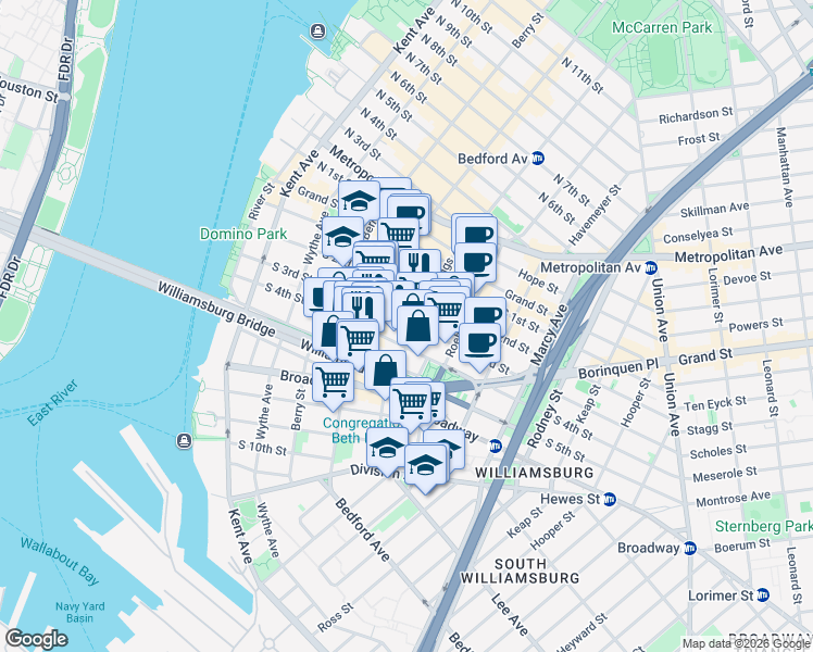map of restaurants, bars, coffee shops, grocery stores, and more near 152 South 4th Street in Brooklyn