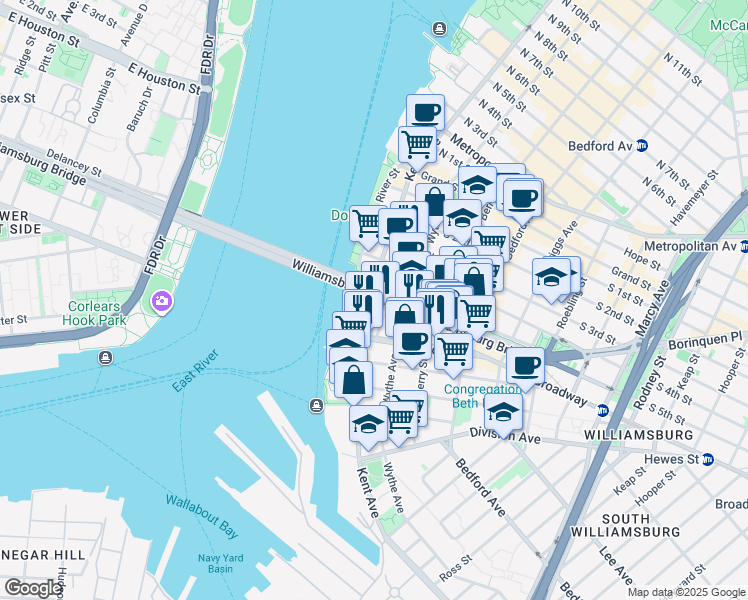 map of restaurants, bars, coffee shops, grocery stores, and more near 17 South 6th Street in Brooklyn