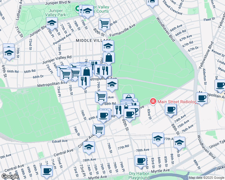map of restaurants, bars, coffee shops, grocery stores, and more near 79-35 68th Avenue in Queens