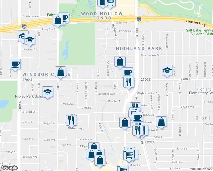 map of restaurants, bars, coffee shops, grocery stores, and more near 1170 2700 South in Salt Lake City
