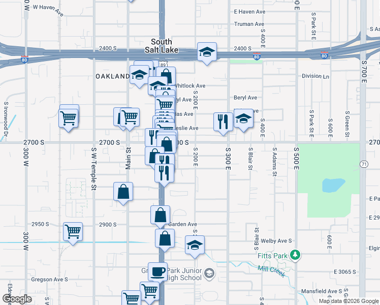map of restaurants, bars, coffee shops, grocery stores, and more near 158 Southgate Avenue in South Salt Lake