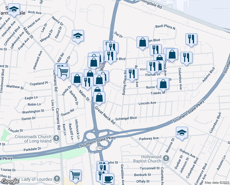 map of restaurants, bars, coffee shops, grocery stores, and more near 111 Baiting Place Road in Farmingdale