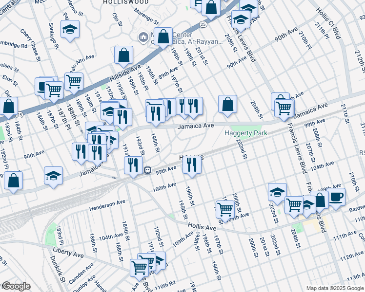 map of restaurants, bars, coffee shops, grocery stores, and more near 19509 Carpenter Avenue in Queens