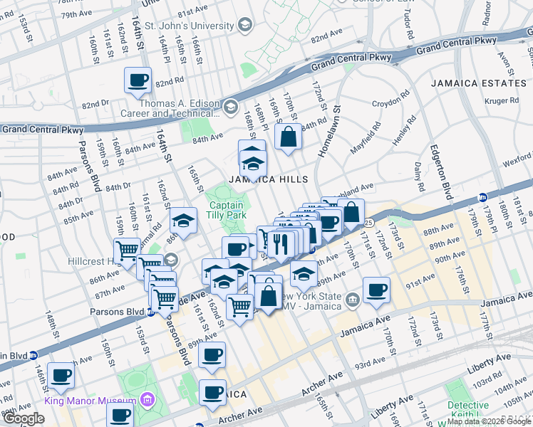 map of restaurants, bars, coffee shops, grocery stores, and more near 166-05 Highland Avenue in Queens