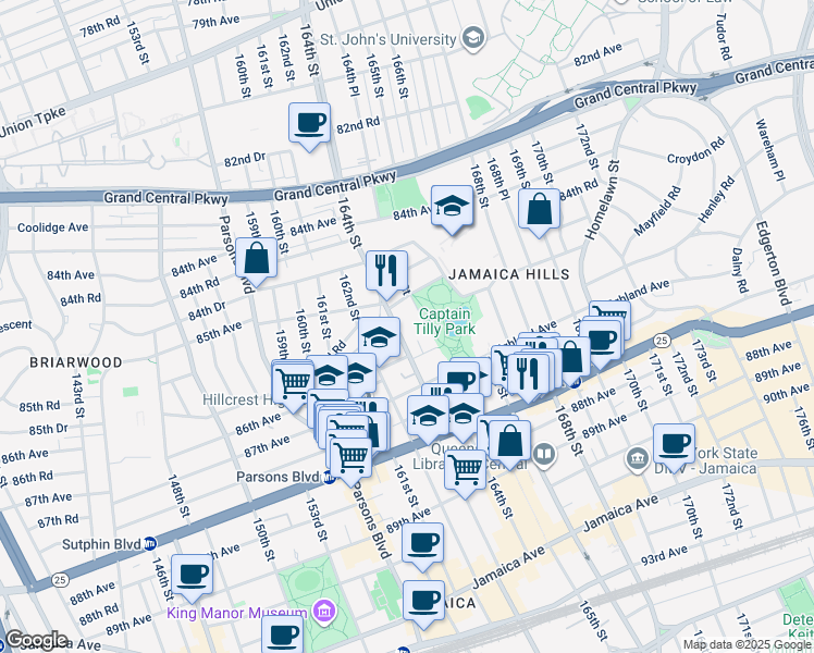 map of restaurants, bars, coffee shops, grocery stores, and more near 164-15 86th Road in Queens
